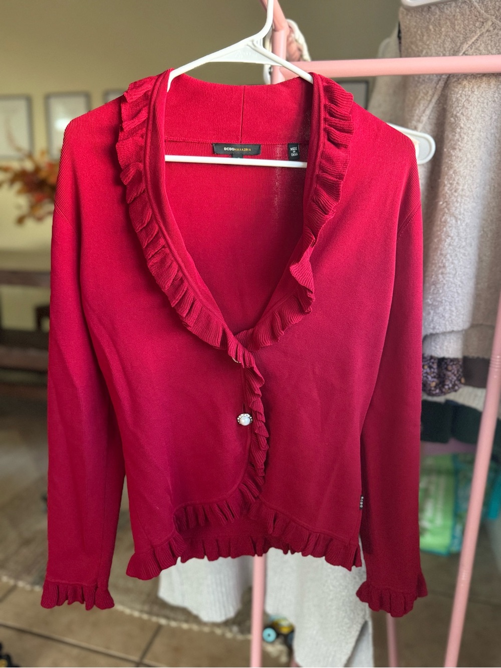 BCBGMaxAzria Ruffled V-Neck Cardigan - Red